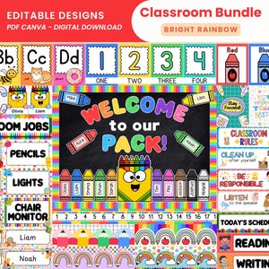 Puede incluir: Un colorido paquete de aula con un tema de arcoíris brillante. Incluye diseños editables para trabajos, reglas y horarios del aula. Presenta letras del alfabeto, números e ilustraciones de crayones. Descarga digital.