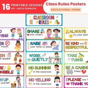 Pósters educativos con reglas para el aula, decoraciones de pared para niños de jardín de infantes, pósteres imprimibles de buenos modales, boletín de reglas escolares.