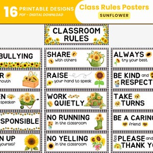 Op de afbeelding: Een set van 16 printbare digitale posters met klasseregels, voorzien van zonnebloemillustraties en zwart-witte gingham-randen. De tekst bevat zinnen zoals No Bullying, Share with others, Always try your best en Be Kind and Respectful.