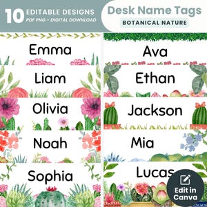 Aquarell botanische Natur Namensschilder druckbare Klassenzimmer Etiketten bearbeitbare Schreibtisch Namensschilder Sukkulenten Pflanzen Namensschilder Canva Vorlagen
