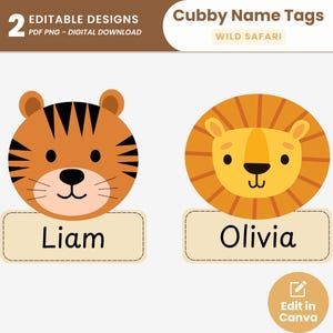 Wild Safari Cubby Name Tags Editable Animal Name Tags Tiger and Lion Cubby Tags Jungle Classroom Label Cute Animal Name Labels Door Display