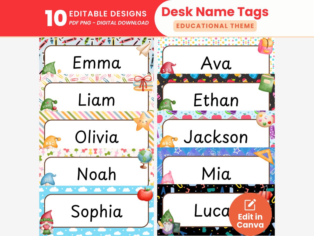 School Gnome Desk Name Tags Editable Student Desk Name Plates Colorful ...