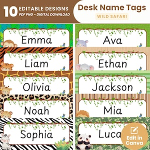 Può includere: Un set di dieci etichette per nomi da scrivania modificabili con un tema safari selvaggio. Ogni etichetta presenta un nome, un'illustrazione di animali e un bordo decorativo. Le etichette sono progettate con vari sfondi con stampa animalier e includono il testo "Edit in Canva".