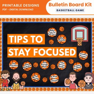 Puede incluir: Kit de tablero de anuncios imprimible con temática de baloncesto con el texto "Consejos para mantenerse concentrado". El diseño incluye balones de baloncesto, un aro y figuras de dibujos animados. El kit es una descarga digital en PDF.