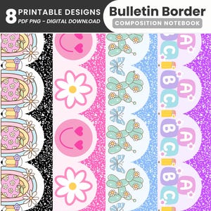 Puede incluir: Ocho diseños de borde de boletín imprimibles con un arcoíris, una margarita, una cara sonriente, un animal de globo y letras del alfabeto. Los bordes son de color rosa, azul y morado con un fondo moteado en blanco y negro.