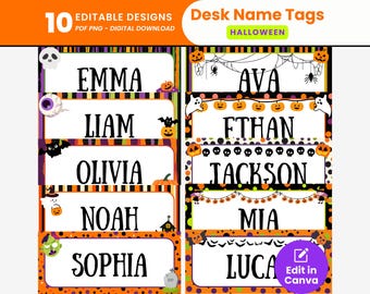 Puede incluir: Etiquetas de nombre de escritorio con temática de Halloween con diseños editables. Las etiquetas presentan nombres como Emma, Ava, Liam, Ethan, Olivia, Jackson, Noah, Mia, Sophia y Luca. Cada etiqueta tiene un fondo blanco con bordes naranjas, negros y morados.