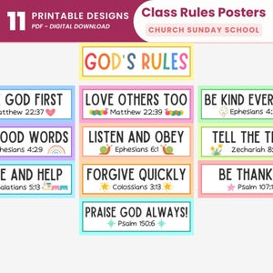 以下が含まれることがあります： カラフルなボーダーとテキストが特徴の、11枚の印刷可能な教室ルールポスターのコレクションです。「最初に神を愛する」、「良い言葉を使う」、「分かち合い、助け合う」などのフレーズが含まれています。テキストは読みやすいフォントです。