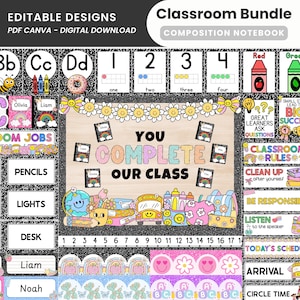 May include: A digital classroom bundle featuring editable designs for a composition notebook. The set includes alphabet cards, number charts, classroom job labels, rule posters, and name tags with colourful graphics like rainbows, flowers, and school supplies.