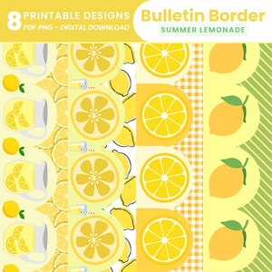 Peut inclure: Téléchargement numérique avec huit motifs imprimables pour une bordure de tableau d'affichage. Le motif comprend des illustrations de citrons, de tranches de citron et de limonade, avec le texte "Bulletin Border Summer Lemonade".