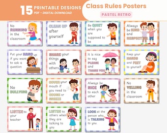 Pastel Retro Classroom Rules Bulletin A4 Poster Printable Groovy Klassenzimmer Erwartungen Poster Pastell Behavior Rules Posters Daycare Decor