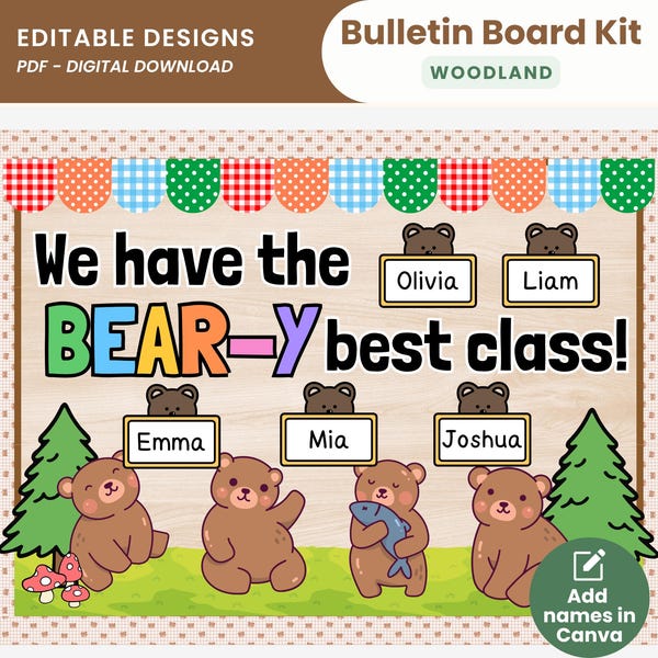 Beary Best Class Add Student Names Fall Woodland Bulletin Board Kit Editable Forest Classroom Decor for Bulletin and Door Bear Display