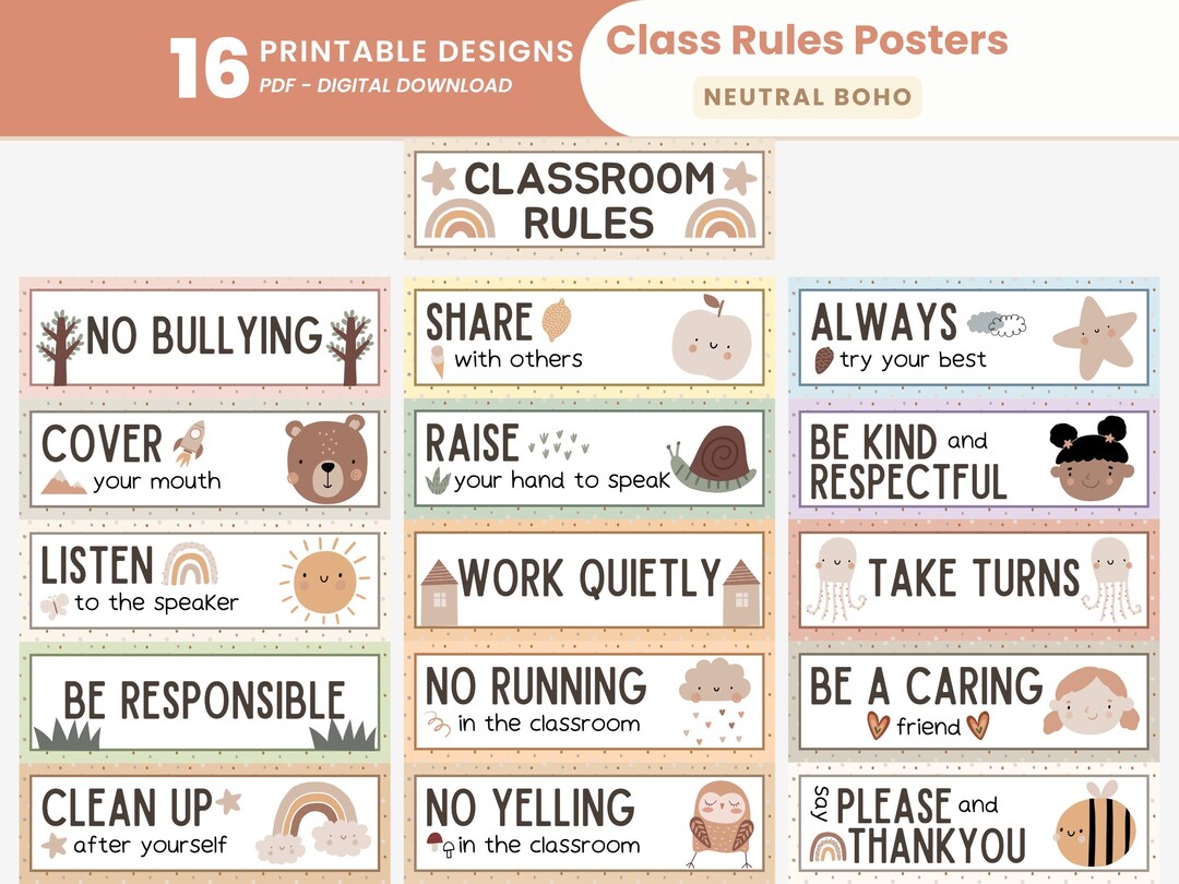 Neutral Boho Classroom Rules and Expectations Posters Printable Cute ...