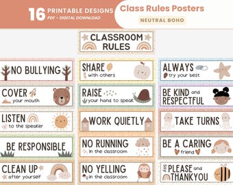 May include: A set of 16 printable classroom rules posters with a neutral boho design. Each poster features a rule such as "No Bullying", "Share with others", and "Be Kind and Respectful", accompanied by cute illustrations. The posters are available as a PDF digital download.