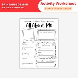 First Day of School All About Me Activity Printable All About Me Back to School Kids Activity Worksheet Preschool Kindergarten About Me Page
