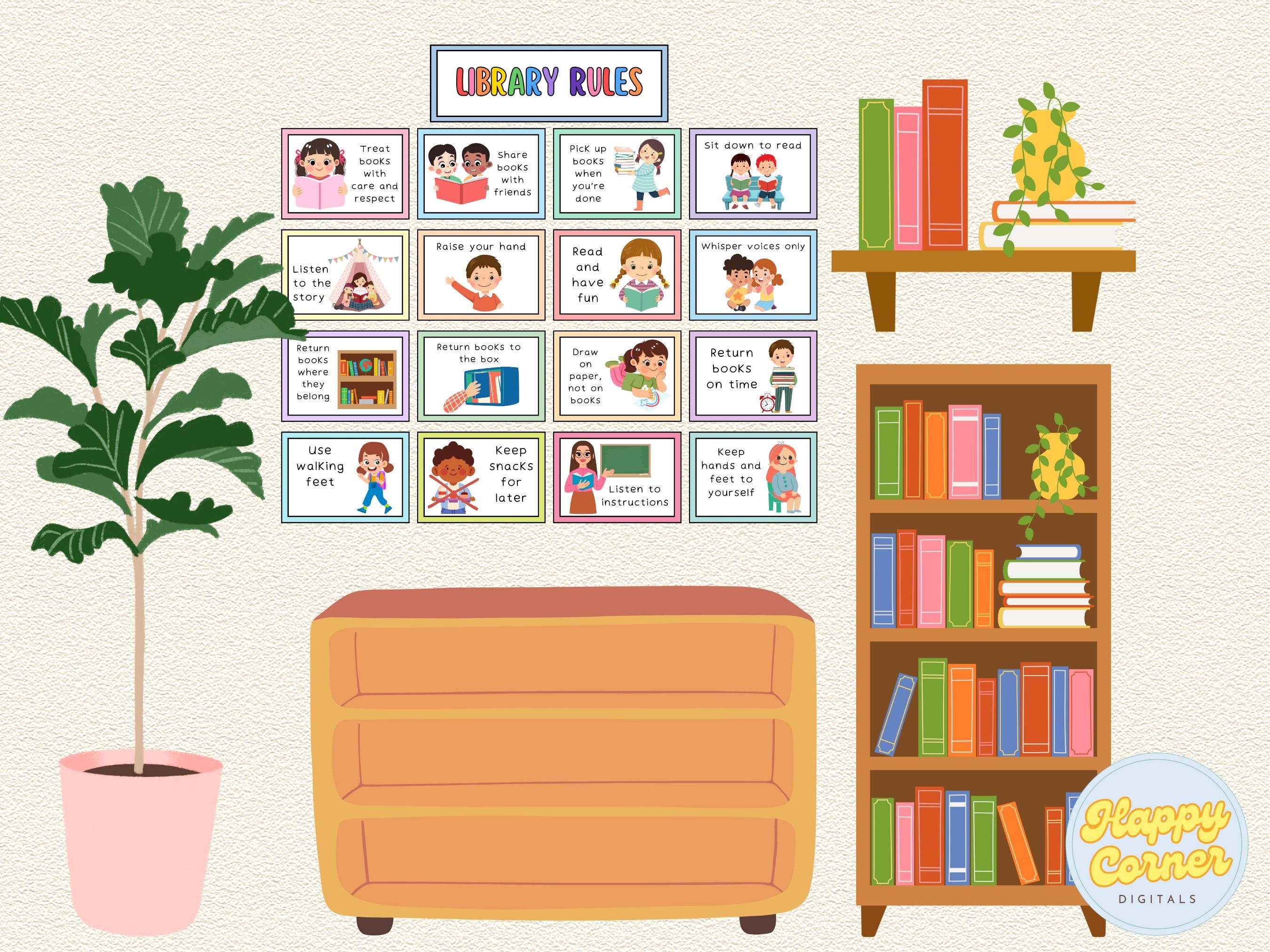 Library Rules Cards With Library Corner Signs Printable Pastel Library ...