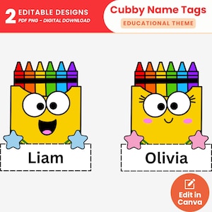 May include: Two colorful crayon box name tags with a smiling face. The name tags are editable and can be personalized with the names "Liam" and "Olivia".