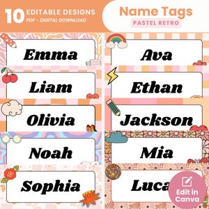 Pastel Retro Student Name Tags Classroom Desk Name Labels Editable Classroom Name Tags Template Canva Printable Name Labels Groovy Name Tags