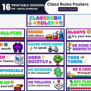 Könnte beinhalten: Ein Set aus 16 druckbaren Klassenregeln-Postern mit Pixel-Art-Videospielmotiven. Jedes rechteckige Poster zeigt farbigen Text und Symbole wie Gamecontroller, Münzen und Figuren. Die Überschrift lautet 16 PRINTABLE DESIGNS PDF - DIGITAL DOWNLOAD und Class Rules Posters VIDEO GAME.