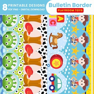 May include: Printable bulletin border design featuring a repeating pattern of toys, including a rocking horse, a yo-yo, a toy car, and a cowboy doll. The border also includes a repeating pattern of alien characters, cowboy boots, and cow spots.