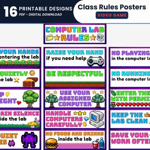 Carteles imprimibles con las reglas del laboratorio de videojuegos y las normas de comportamiento para niños. Señales para mostrar las reglas del aula de tecnología y las expectativas.