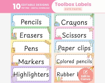 Etiquetas para cajas de herramientas en tonos pastel, etiquetas editables para el aula en colores pastel brillantes, etiquetas para cajas de herramientas de profesores para la vuelta al cole, etiquetas para cajones, etiquetas para material escolar.