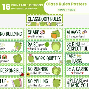 Peut inclure: Ensemble de 16 affiches de règles de classe imprimables sur le thème de la grenouille. Chaque affiche présente une bordure verte et une illustration de grenouille. Les règles incluent « Pas d'intimidation », « Partager avec les autres » et « Être gentil et respectueux ».