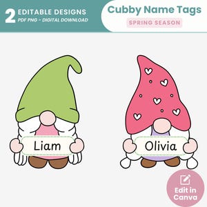 May include: Two gnome name tags with the names "Liam" and "Olivia". One gnome wears a green hat, the other a pink hat with hearts. The tags are labeled "Cubby Name Tags" and "Spring Season".