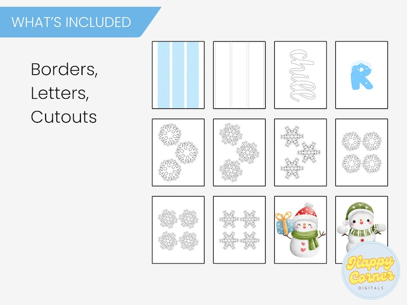 This winter library bulletin board kit includes borders, letters, and cutouts.