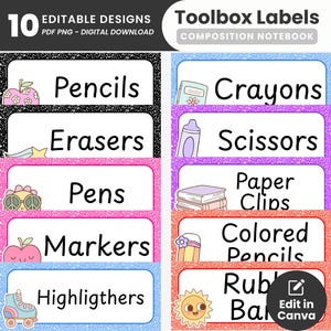 May include: Ten editable toolbox labels for a composition notebook, presented as a digital download. The labels feature black text on white backgrounds with colourful, glitter-textured borders and small illustrations including an apple, star, sun, and roller skate.