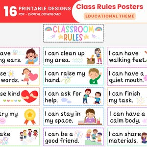 May include: A set of 16 printable classroom rules posters with an educational theme. Each poster features a rule such as "I can have listening ears" and includes colorful illustrations of children. The posters are available as a PDF download.