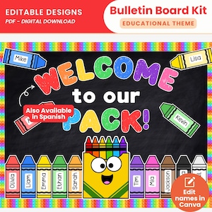 Bilingual Welcome To Our Pack Crayon Add Names Bulletin Board Kit Editable Back to School Classroom Decor for Bulletin and Door Display