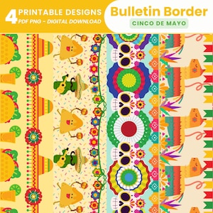 Bordes para tablones de anuncios del Cinco de Mayo para exhibir en el aula Bordes coloridos para fiestas imprimibles Decoraciones para fiestas mexicanas Bordes brillantes para el aula