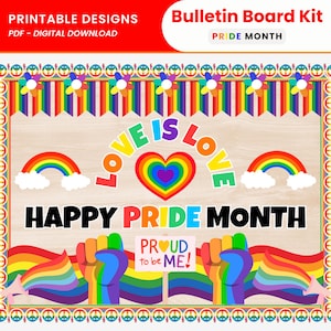 Könnte beinhalten: Ein farbenfrohes Pinnwand-Kit mit dem Text "LOVE IS LOVE" und "HAPPY PRIDE MONTH". Das Design umfasst Regenbogen, Herzen und den Satz "PROUD to be ME!" in einem festlichen Stil. PDF-Digitaler Download.