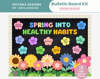 Spring Into Healthy Habits Bulletin Board Kit Editable Health Wellness Classroom Colorful School Nurse Decor for Bulletin and Door Display
