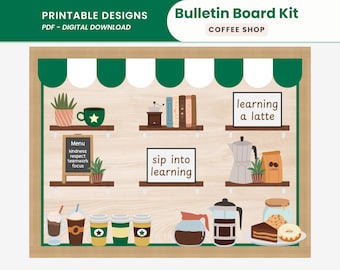 Green Coffee Shop Bulletin Board Kit Printable Cafe Bulletin Board Display Coffee Theme Classroom Decor Coffee House Bulletin Board