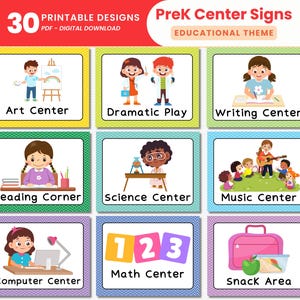 Preschool Center Signs Printable Daycare Classroom Labels PreK Learning Areas Room Labels Organization Colorful Station and Center Signs