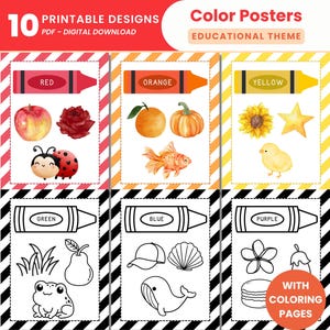 Educational Rainbow Color Poster with Matching Coloring Page Printable Crayon Color Poster Watercolor Rainbow Poster PreK Color Word Posters