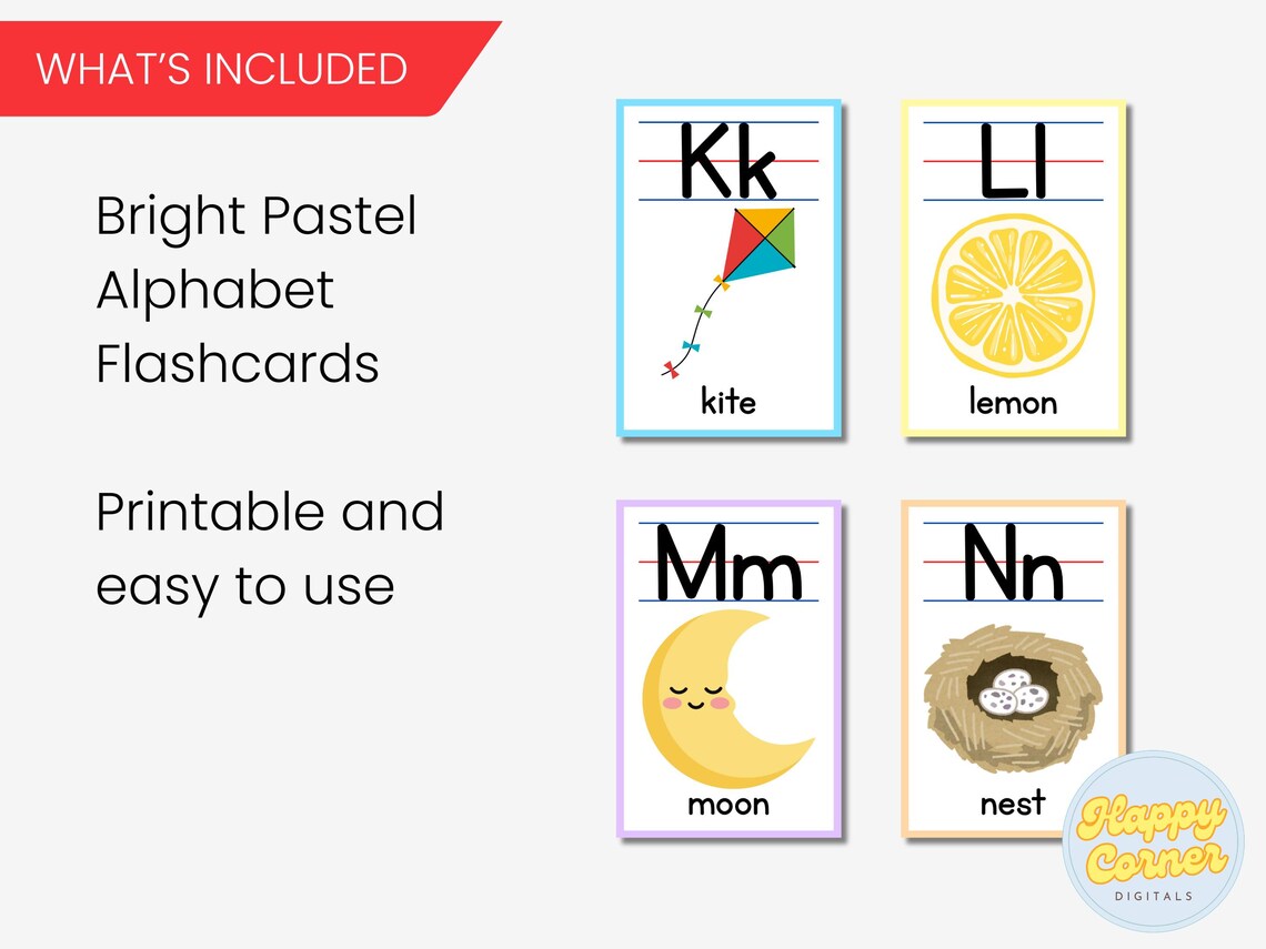 Bright Pastel Alphabet Flashcards With Pictures Printable Early ...