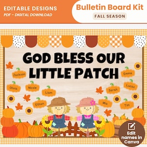 Peut inclure: Un kit de tableau d'affichage numérique avec le texte GOD BLESS OUR LITTLE PATCH. Le design comprend des citrouilles orange, des tournesols, des feuilles d'automne et deux épouvantails en salopette avec des étiquettes modifiables.