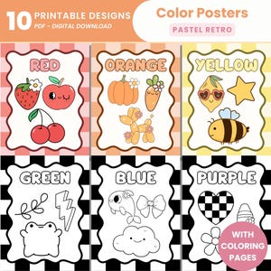 May include: Set of 10 printable color posters with cute illustrations. Each poster features a different color with a corresponding illustration, such as a red strawberry, an orange pumpkin, a yellow lemon, a green frog, a blue whale, and a purple heart. The posters are designed in a pastel retro style and include coloring pages.