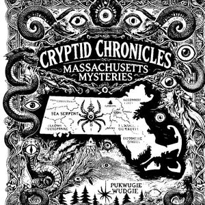 May include: Black and white illustration of a map of Massachusetts with various cryptids, including a sea serpent, a spider, and a Pukwudgie. The text "CRYPTID CHRONICLES MASSACHUSETTS MYSTERIES" is at the top of the image.