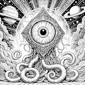 May include: A black and white illustration of a large eye with a star-shaped frame and tentacles. The eye is surrounded by a swirling background of stars and planets.