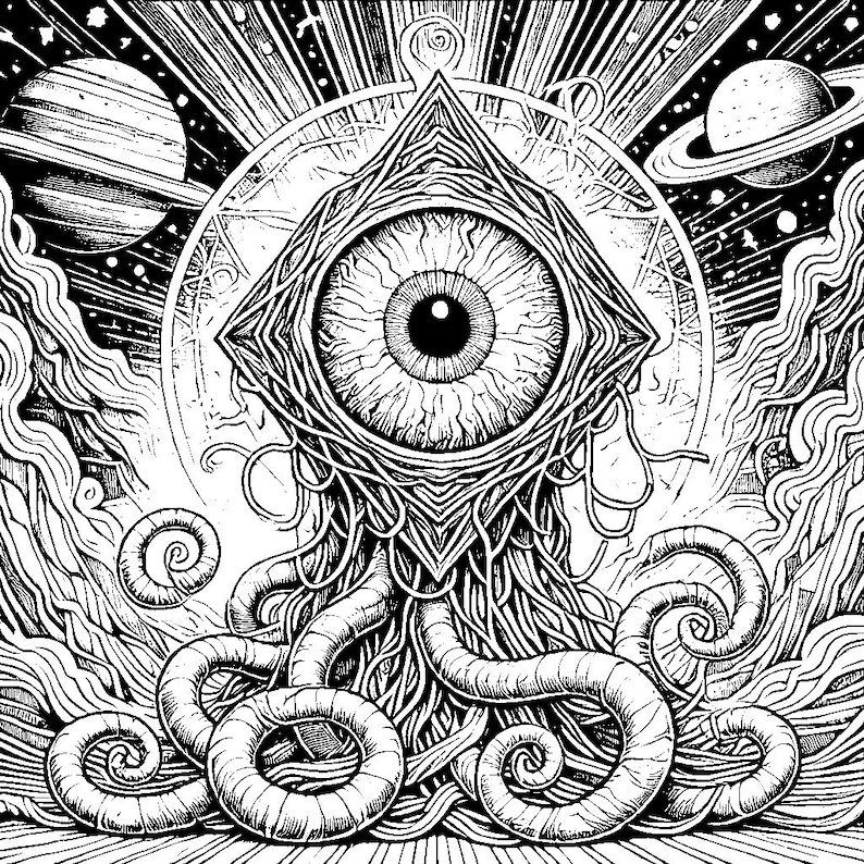 May include: A black and white illustration of a large eye with a star-shaped frame and tentacles. The eye is surrounded by a swirling background of stars and planets.