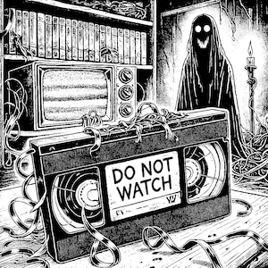 May include: A black and white illustration of a VHS tape with the words "DO NOT WATCH" on the label. The tape is surrounded by tangled video cassette tape. A shadowy figure with glowing eyes stands behind the tape.