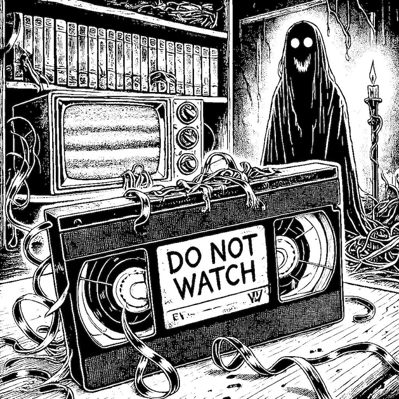 May include: A black and white illustration of a VHS tape with the words "DO NOT WATCH" on the label. The tape is surrounded by tangled video cassette tape. A shadowy figure with glowing eyes stands behind the tape.