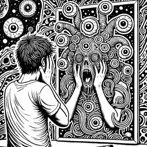May include: A black and white illustration of a person looking into a mirror, with a monstrous, multi-eyed creature reflected back at them. The creature has a grotesque face and is surrounded by swirling patterns.
