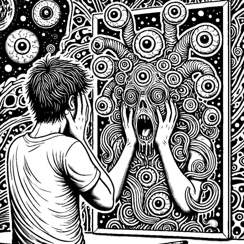 May include: A black and white illustration of a person looking into a mirror, with a monstrous, multi-eyed creature reflected back at them. The creature has a grotesque face and is surrounded by swirling patterns.
