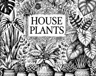 以下が含まれることがあります： 鉢植えの観葉植物のコレクションの白黒の線画イラスト。イラストは装飾的な枠で囲まれており、中央に「HOUSE PLANTS」というテキストがあります。