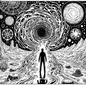May include: Black and white illustration of a person standing in front of a swirling vortex with a black background. The vortex is surrounded by planets and stars. The person is wearing a dark suit and has a serious expression on their face.