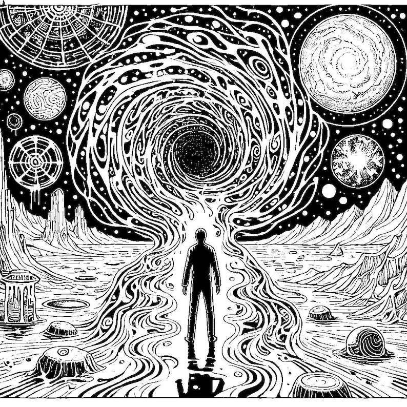 May include: Black and white illustration of a person standing in front of a swirling vortex with a black background. The vortex is surrounded by planets and stars. The person is wearing a dark suit and has a serious expression on their face.